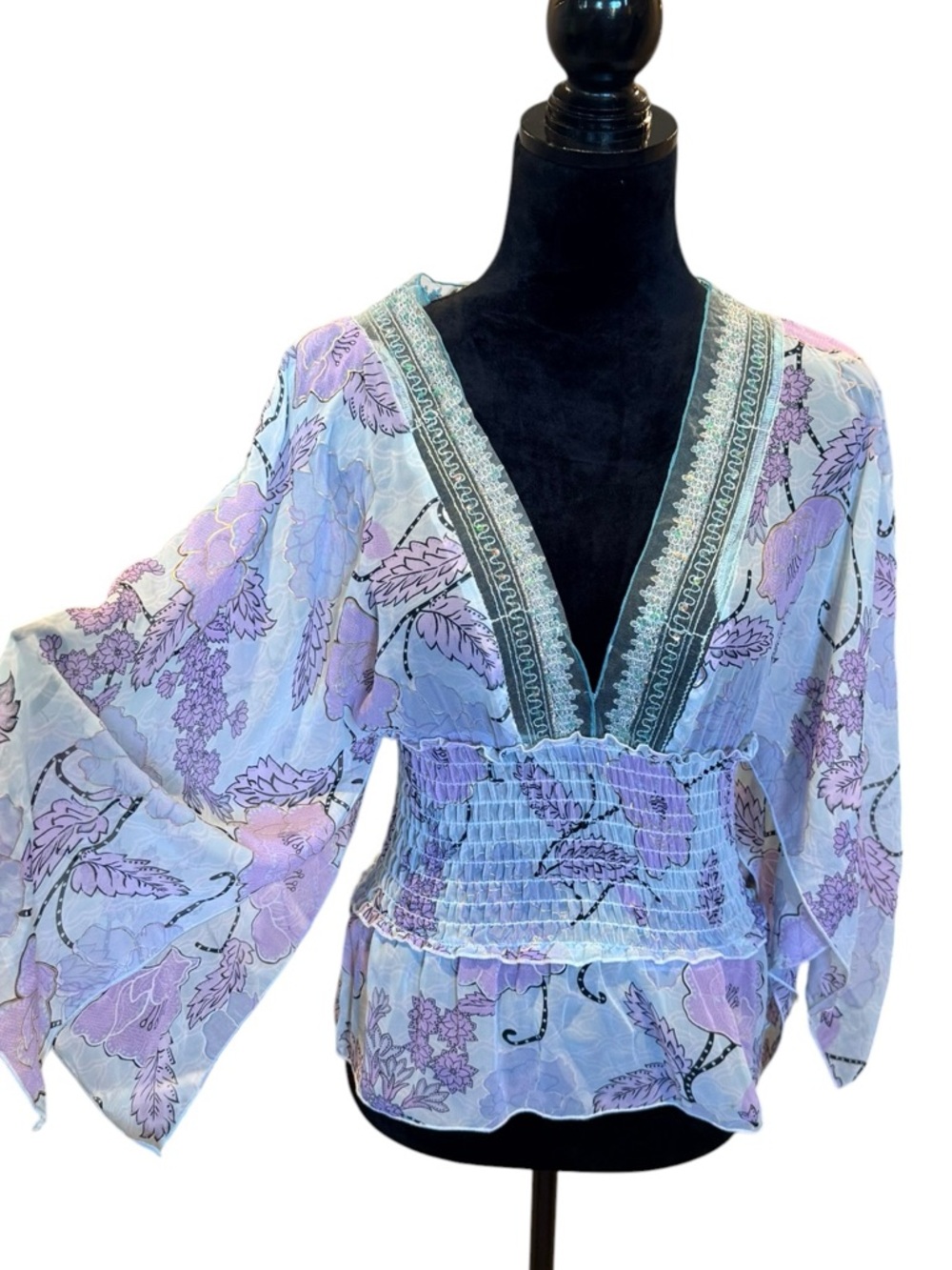 Rampage Lavender and Light Blue Floral V-Neck Blouse